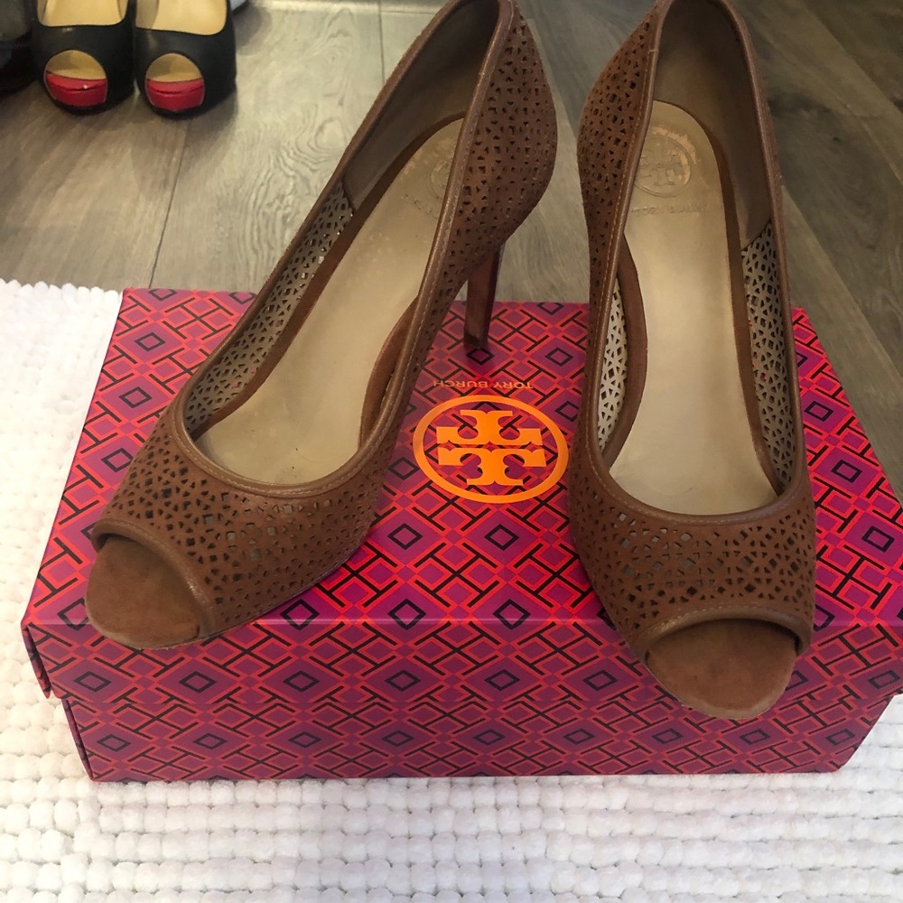 Tory Burch laser cut peep toe suede chestnut pumps